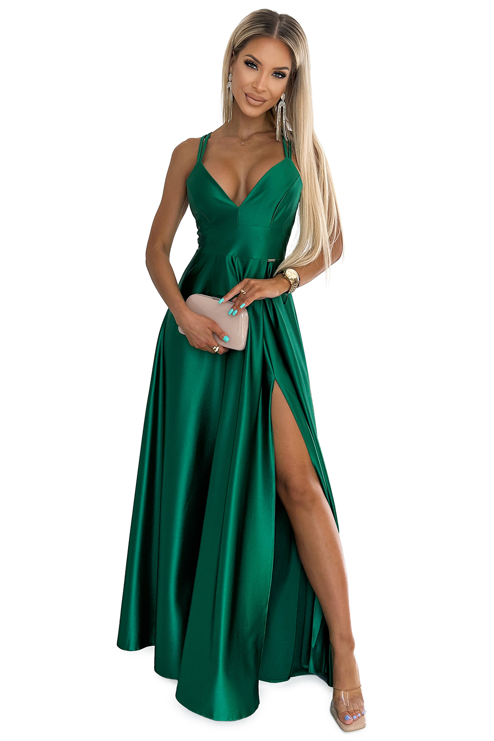 513-1 LUNA elegancka długa satynowa suknia z dekoltem i skrzyżowanymi ramiączkami - ZIELEŃ BUTELKOWA